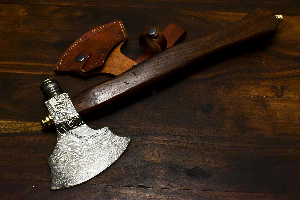 Hand Forged Damascus Steel Axe Walnut Wood Hunting Axe Knife with Pipe and Leather Sheath