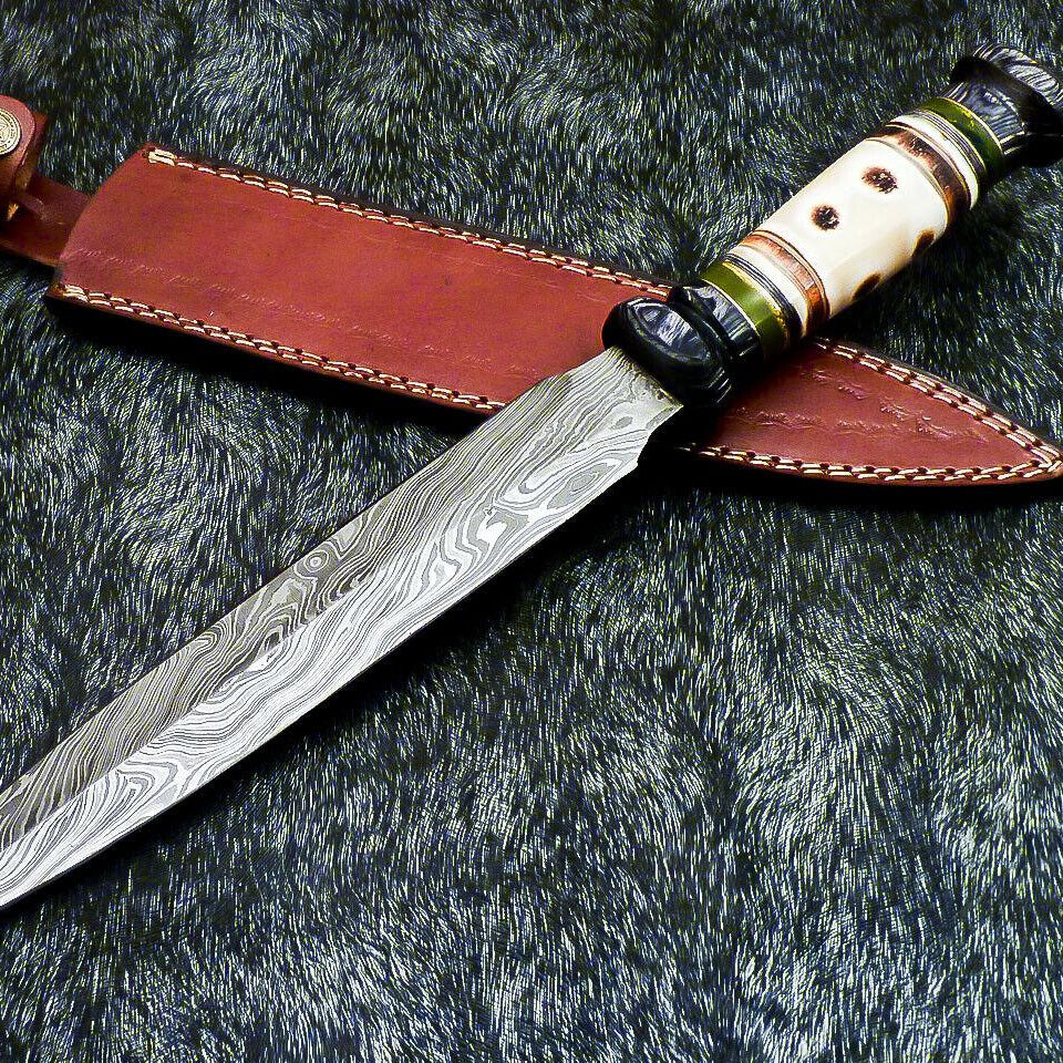 Hand Forged Damascus Steel Bowie Dagger | 15" Camel Bone Hunting Knife with Leather Sheath