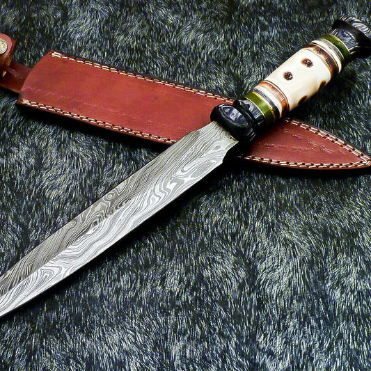 Hand Forged Damascus Steel Bowie Dagger | 15" Camel Bone Hunting Knife with Leather Sheath