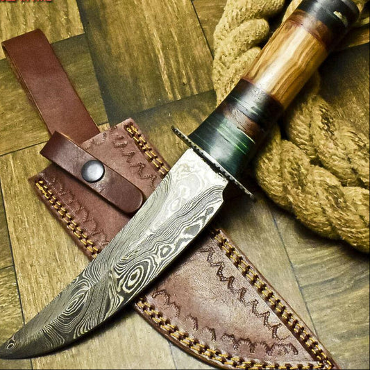 Hand Forged Damascus Steel Bowie Knife | 11.8" Olive Wood Hunting Knife with Leather Sheath