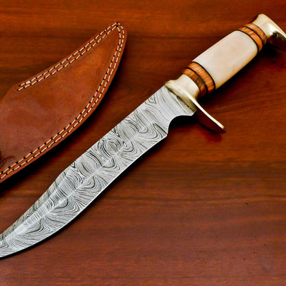 Hand Forged Damascus Steel Bowie Knife | Camel Bone & Wood Handle