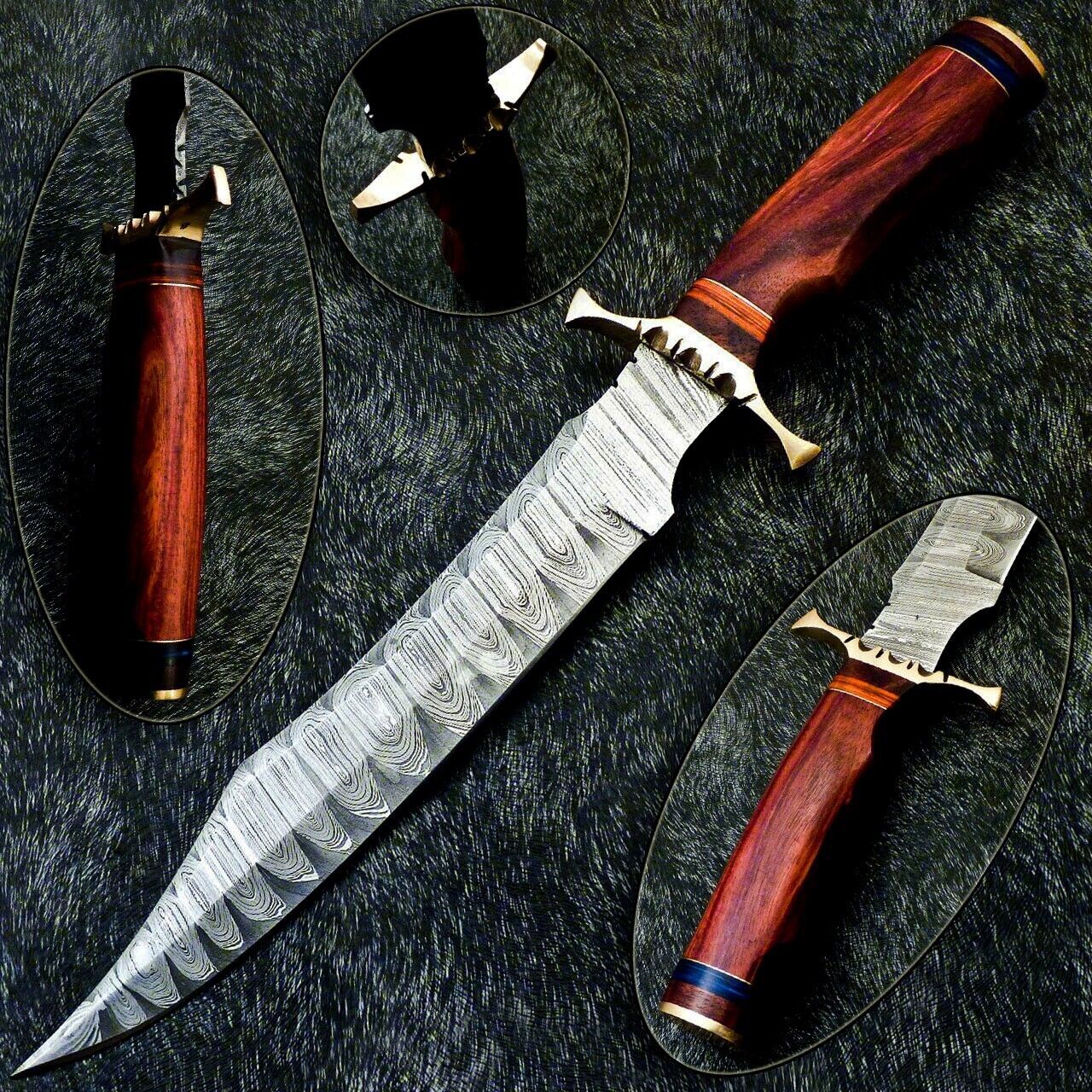 Hand Forged Damascus Steel Bowie Knife – Natural Wood Handle, 14.5" Hunting Blade