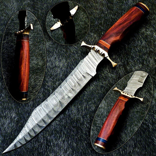 Hand Forged Damascus Steel Bowie Knife – Natural Wood Handle, 14.5" Hunting Blade