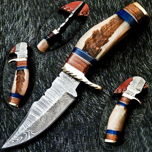 Hand Forged Damascus Steel Bowie Knife – Ram Horn & Hardwood Handle, 6" Hunting Blade