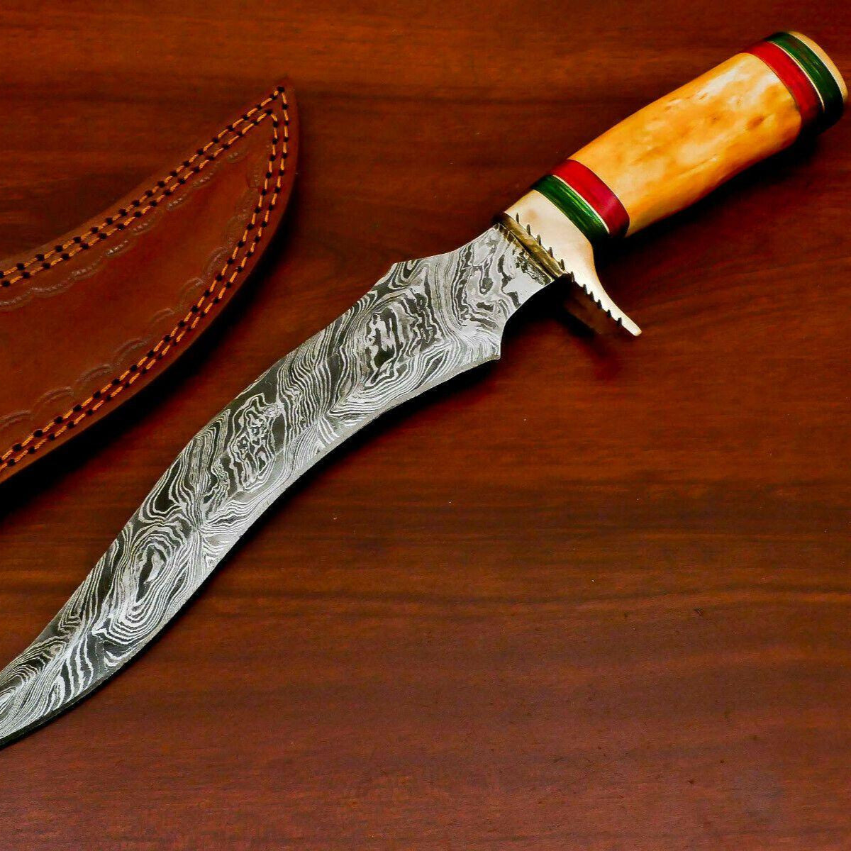 Hand Forged Damascus Steel Bowie Knife | Stained Camel Bone & Wood Handle