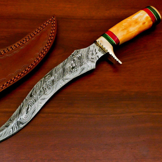 Hand Forged Damascus Steel Bowie Knife | Stained Camel Bone & Wood Handle