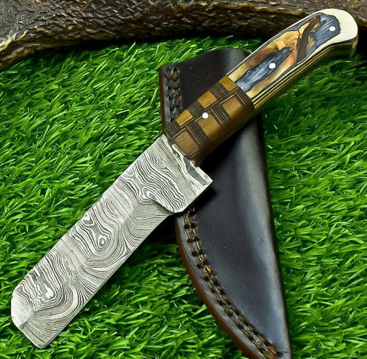 Hand Forged Damascus Steel Bull Cutter Knife 8" Custom Bull Cutter Knife with Sheath