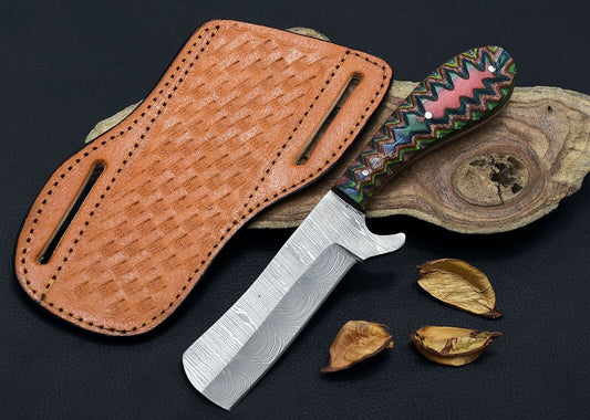Hand Forged Damascus Steel Bull Cutter Knife Custom Cowboy Bull Cutter Knife with Dollar Sheet Handle