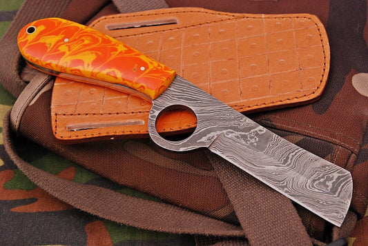 Hand Forged Damascus Steel Bull Cutter Knife Custom Cowboy Bull Knife with Resin Handle
