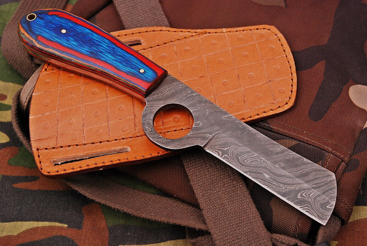 Hand Forged Damascus Steel Bull Cutter Knife Custom Cowboy Bull Knife with Wood Handle