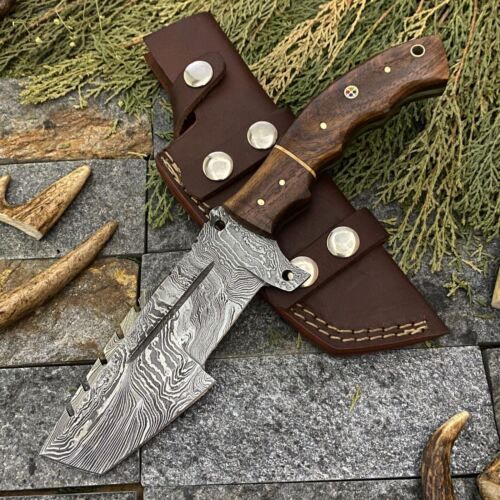 Hand Forged Damascus Steel Camping Tracker Hunting Knife with Rosewood Handle & Sheath