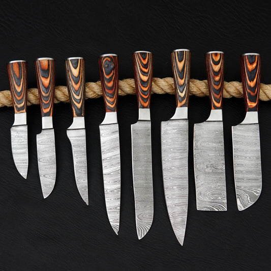 Hand Forged Damascus Steel Chef Kitchen Knife Set of 8 – Pakka Wood Handles + Leather Sheath 