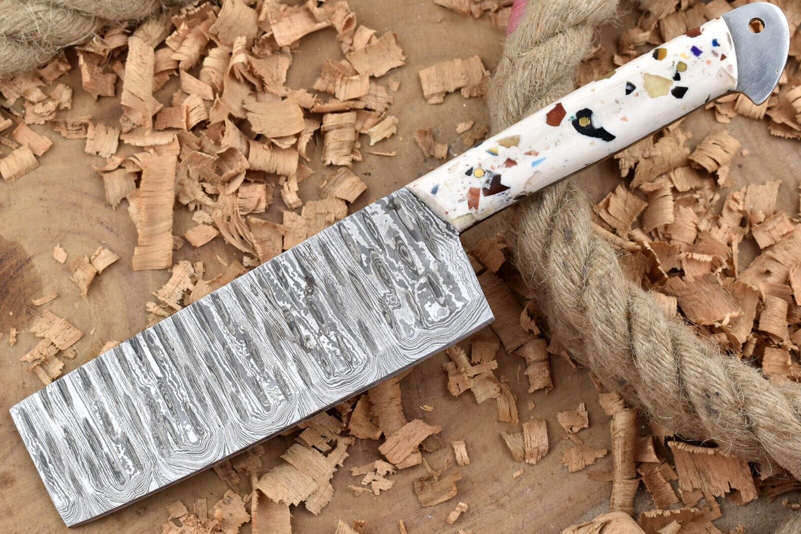 Hand Forged Damascus Steel Chef Knife 11" Kitchen Cleaver with White Resin Handle