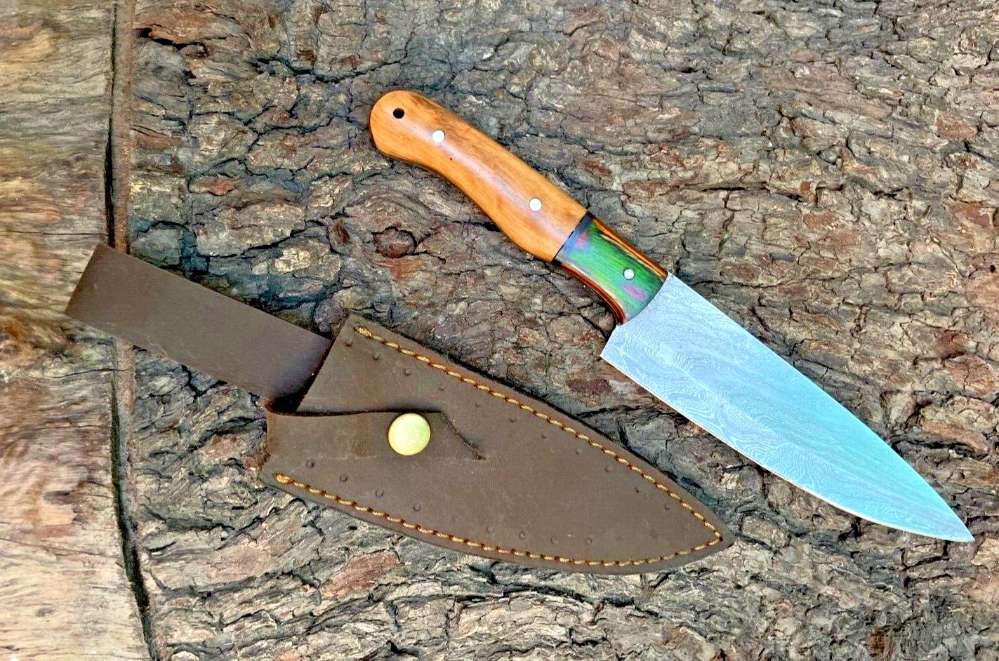 Hand Forged Damascus Steel Chef Knife – 12" Kitchen Cutlery with 6" Sharp Blade, Wooden Handle & Leather Sheath