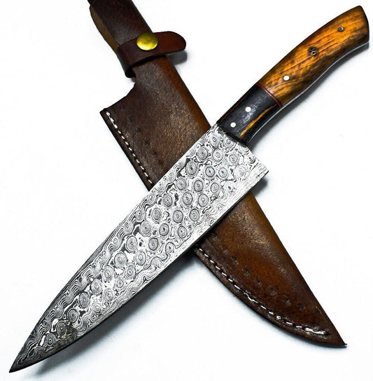Hand Forged Damascus Steel Chef Knife – 13" Full Tang with Hard Wood Handle & Leather Sheath


