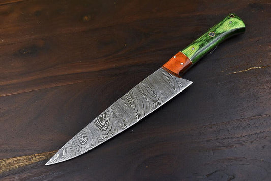 Hand Forged Damascus Steel Chef Knife | Hard Wood Handle & Wooden Bolster | 12.5" Full Tang Hunting & Camping Knife