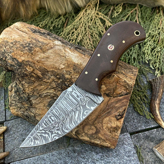 Hand Forged Damascus Steel EDC Bowie Hunting Knife | Micarta Handle & Leather Sheath