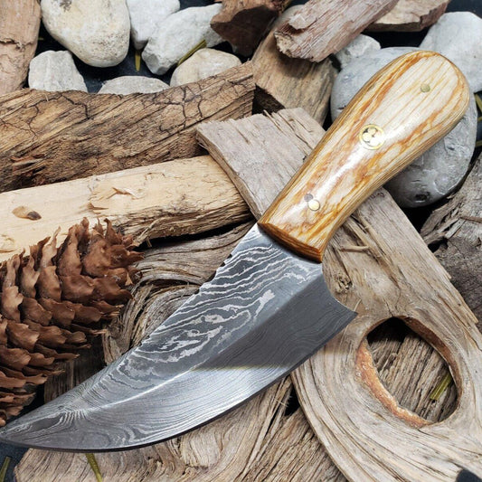 Hand Forged Damascus Steel EDC Hunting Cleaver Bowie Knife | Olive Wood Handle & Leather Sheath
