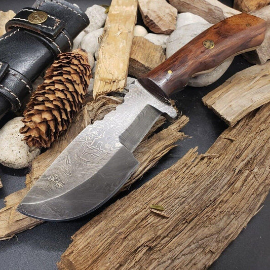 Hand Forged Damascus Steel EDC Hunting Tracker Knife | 9" | Rosewood Handle | Leather Sheath