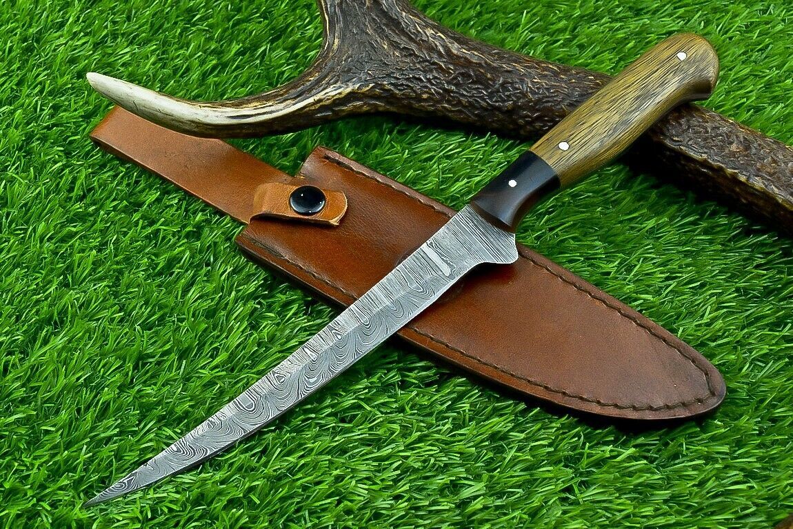 Hand Forged Damascus Steel Fillet Knife – 11.5" Blade, Resin & Hardwood Handle with Brass Pins, Kitchen & Camping Chef Knife

