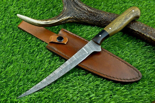Hand Forged Damascus Steel Fillet Knife – 11.5" Blade, Resin & Hardwood Handle with Brass Pins, Kitchen & Camping Chef Knife


