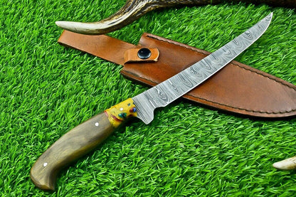 Hand Forged Damascus Steel Fillet Knife – Chef, Kitchen, Hunting & Camping Knife with Resin & Natural Wood Handle