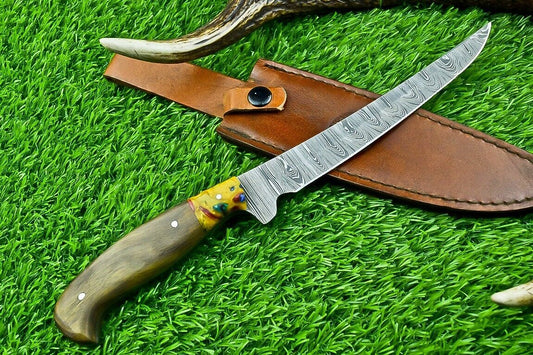 Hand Forged Damascus Steel Fillet Knife – Chef, Kitchen, Hunting & Camping Knife with Resin & Natural Wood Handle