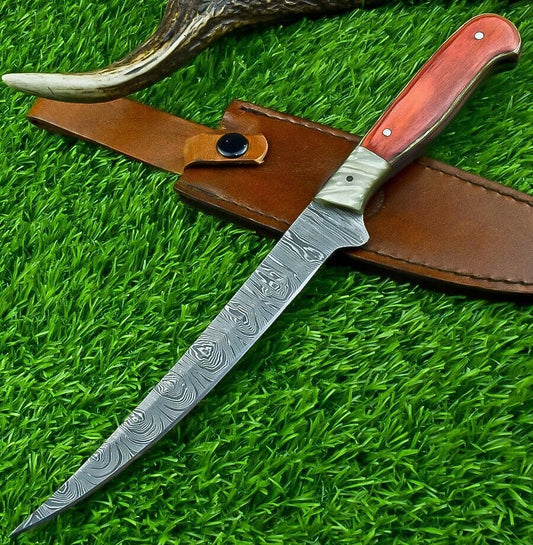 Hand Forged Damascus Steel Fillet Knife – Custom Chef Kitchen Knife with Resin & Hardwood Handle
