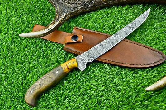 Hand Forged Damascus Steel Fillet Knife – Custom Kitchen Chef Knife with Resin & Natural Wood Handle