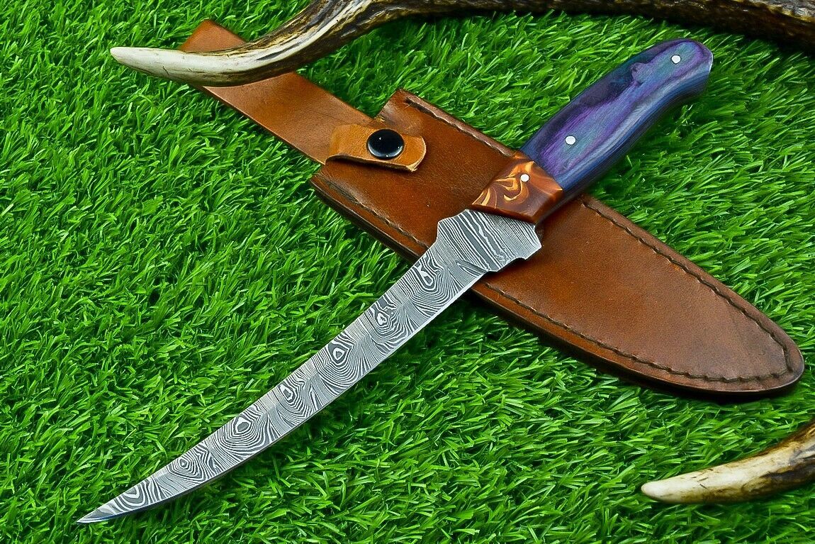Hand Forged Damascus Steel Fillet Knife – Handmade Kitchen Chef Knife with Resin & Natural Wood Handle, 11.5" Blade

