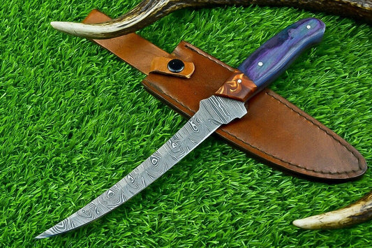 Hand Forged Damascus Steel Fillet Knife – Handmade Kitchen Chef Knife with Resin & Natural Wood Handle, 11.5" Blade

