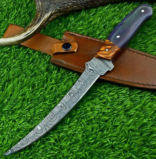 Hand Forged Damascus Steel Fillet Knife – Kitchen Chef Knife, Camping & Hunting Knife