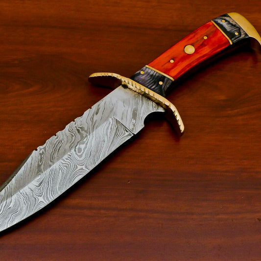 Hand Forged Damascus Steel Full Tang Bowie Hunting Knife | Hardwood Handle & Brass Guard