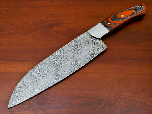 Hand Forged Damascus Steel Full Tang Chef & Hunting Knife with Hardwood Handle – 13" Overall, 8" Blade