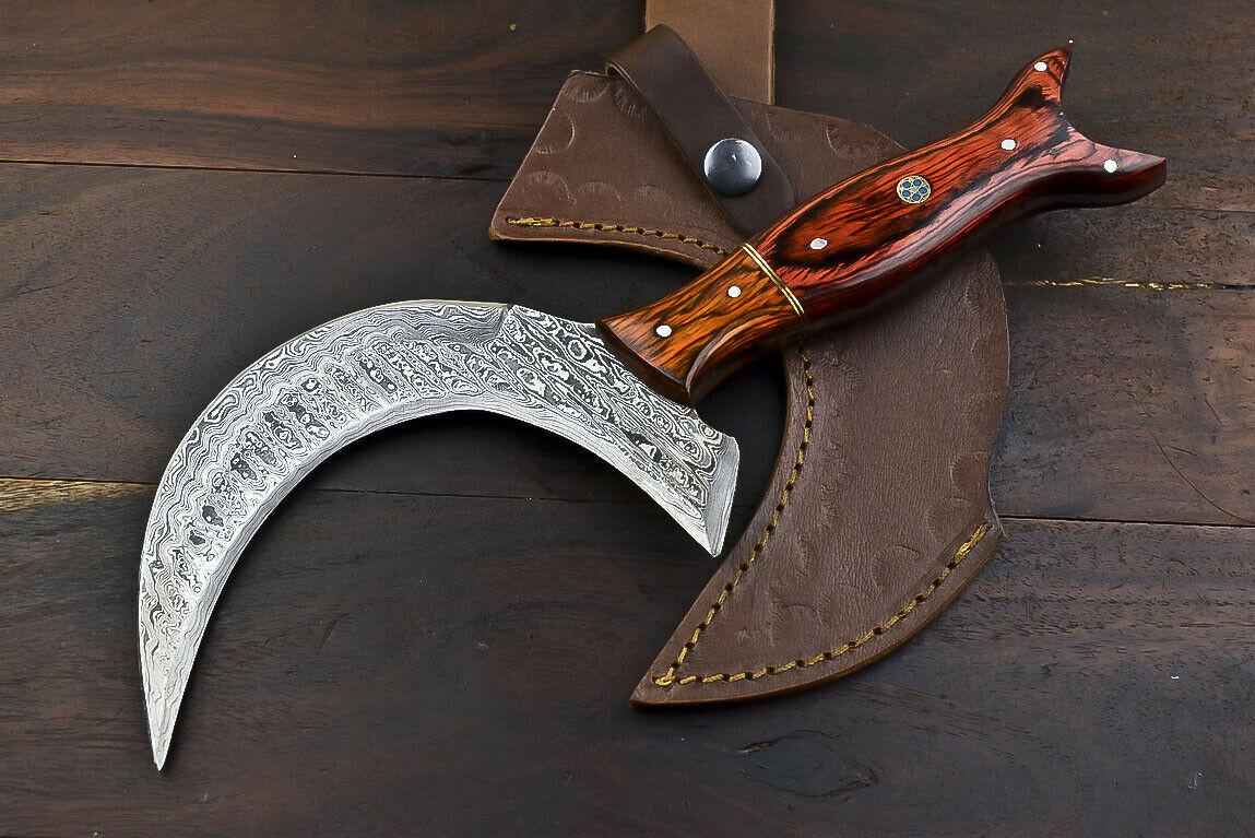 Hand Forged Damascus Steel Hard Wood Hunting Clever Chopper Axe Knife with Leather Sheath