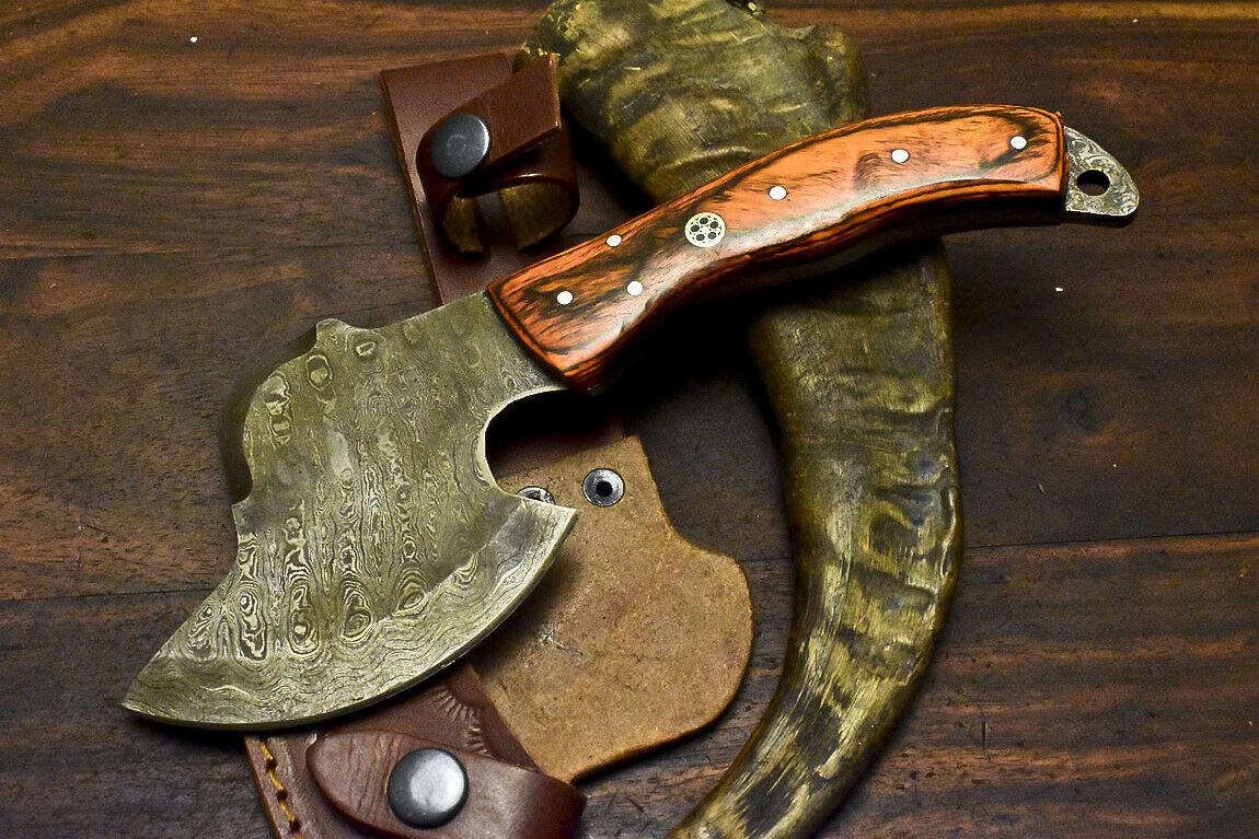 Hand Forged Damascus Steel Hardwood Hunting Clever Chopper Axe Knife with Leather Sheath