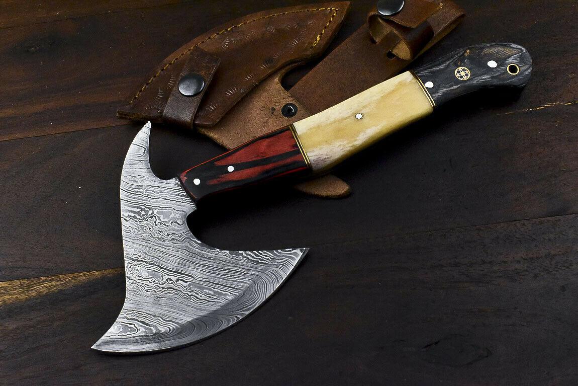 Hand Forged Damascus Steel Hunting Axe Knife Camel Bone Handle Clever Chopper with Leather Sheath