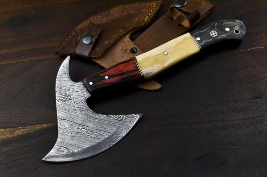 Hand Forged Damascus Steel Hunting Axe Knife Camel Bone Handle Clever Chopper with Leather Sheath