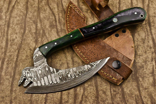 Hand Forged Damascus Steel Hunting Axe Knife Hard Wood Handle Clever Chopper with Leather Sheath