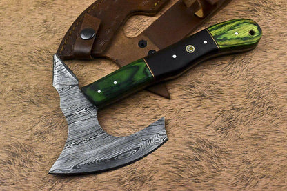 Hand Forged Damascus Steel Hunting Axe Knife Walnut Wood Handle Clever Chopper with Leather Sheath