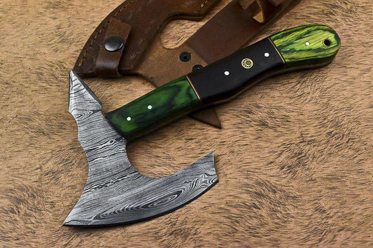Hand Forged Damascus Steel Hunting Axe Knife Walnut Wood Handle Clever Chopper with Leather Sheath