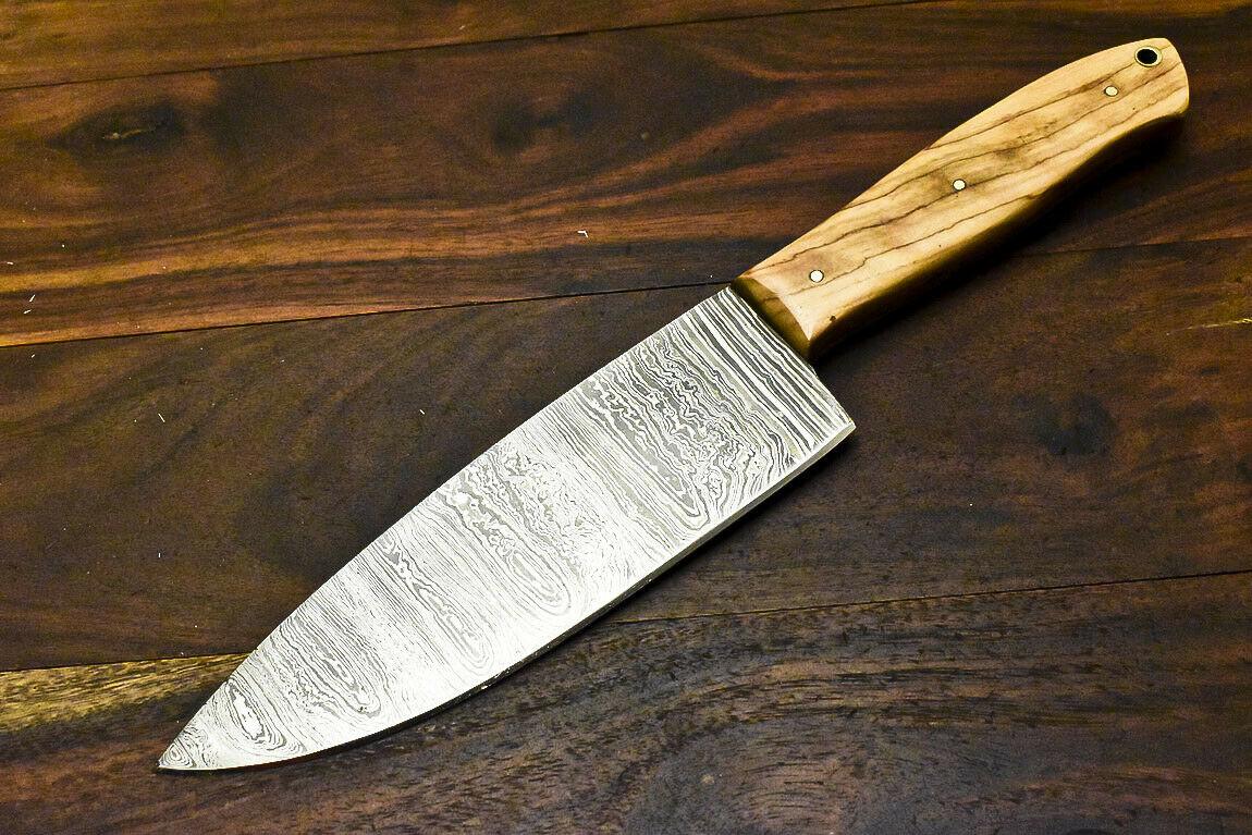Hand Forged Damascus Steel Hunting & Chef Knife with Olive Wood Handle | 10.5" Overall, 5.5" Blade