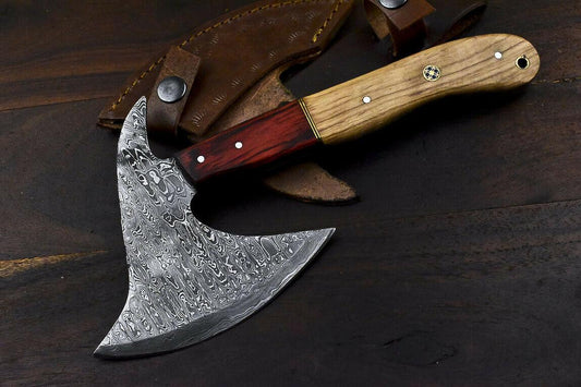 Hand Forged Damascus Steel Olive Wood Clever Chopper Axe Knife with Leather Sheath