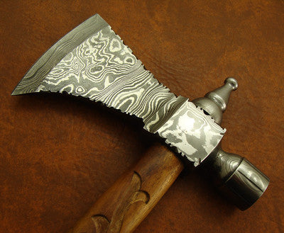 Hand Forged Damascus Steel Pipe Tomahawk Axe with Carved Rosewood Handle