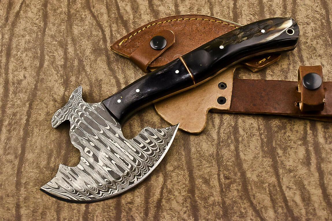 Hand Forged Damascus Steel Ram's Horn Hunting Clever Chopper Axe Knife with Leather Sheath