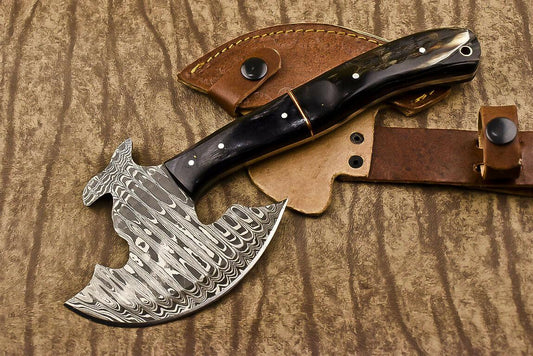 Hand Forged Damascus Steel Ram's Horn Hunting Clever Chopper Axe Knife with Leather Sheath