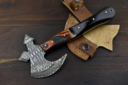 Hand Forged Damascus Steel Rams Horn Clever Chopper Axe Knife with Leather Sheath