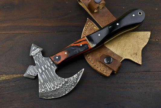 Hand Forged Damascus Steel Rams Horn Clever Chopper Axe Knife with Leather Sheath