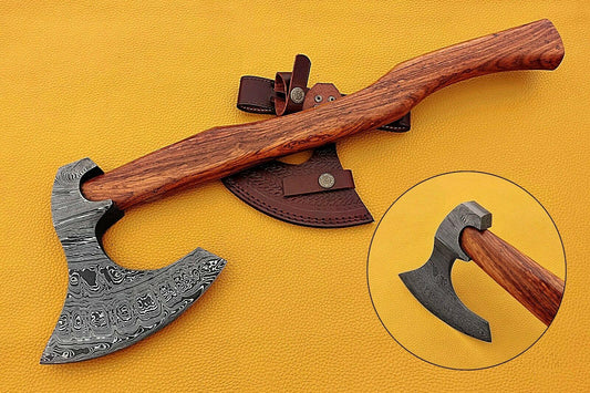 Hand Forged Damascus Steel Tomahawk Axe with Rosewood Handle and Leather Sheath