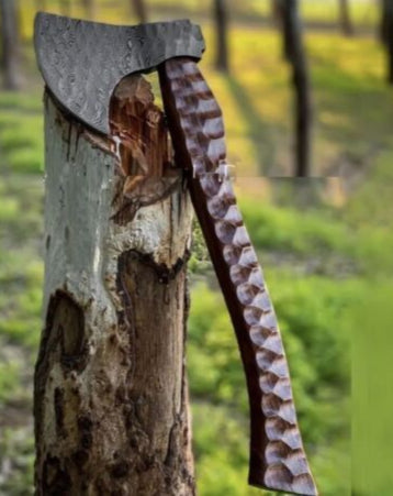 Hand Forged Damascus Steel Viking Axe | Bearded Damascus Axe with Natural Wood Shaft & Leather Sheath